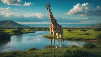 Obraz premium River scene in Africa with a giraffe
