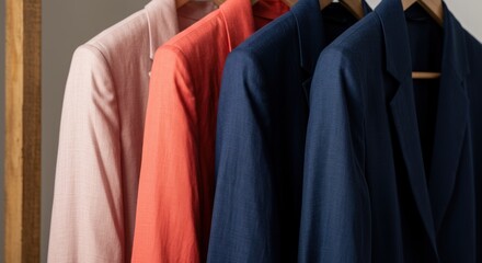 Three blazers hang on hangers in a row clothing apparel fashion.