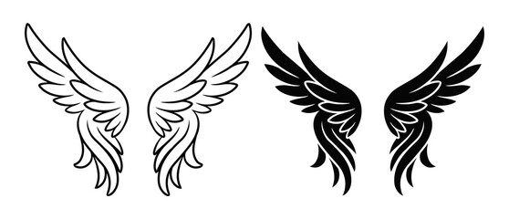 Set of angel wings silhouettes and line art