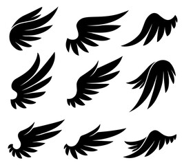 Set of vector angel wings silhouettes in black