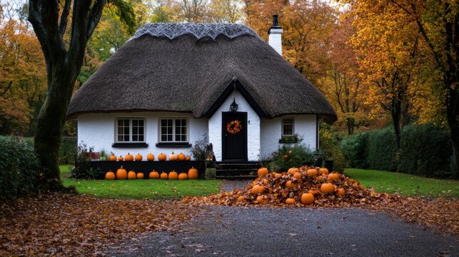 A charming thatched-roof cottage is adorned with pumpkins, set against a backdrop of colorful autumn foliage. The peaceful atmosphere reflects the beauty of the season