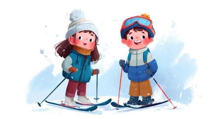 Joyful Kids Skiing Adventure in Snowy Wonderland