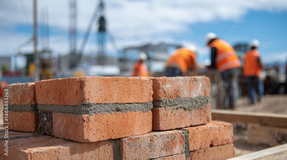 Poster stacks of red brick blocks neatly aligned at a dusty construction site, with laborers in bright oran