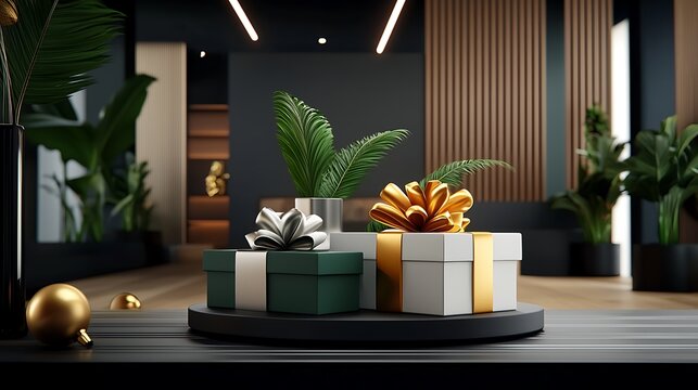 there are three gift boxes sitting on a table in the middle of a room