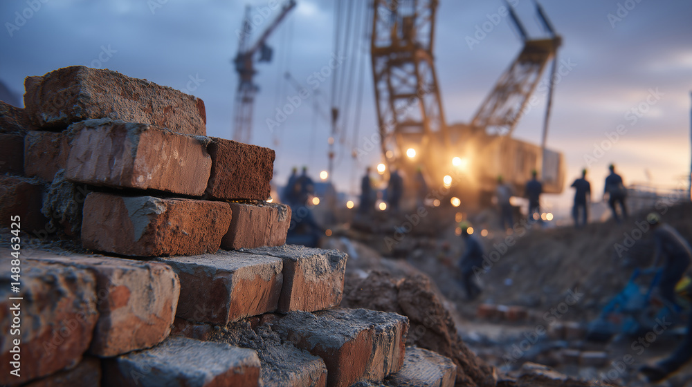 Poster stacks of rough-edged red bricks sit on dusty ground with a towering crane overhead and a group of c