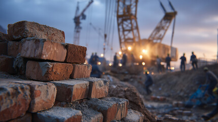 Stacks of rough-edged red bricks sit on dusty ground with a towering crane overhead and a group of construction workers aligning support beams