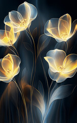 Abstract Floral Art, Luminous Flowers with Delicate Lines on Dark Background