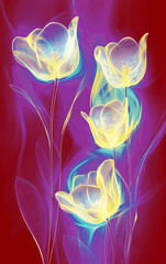 Abstract Glowing Tulips on Red and Purple Background, Floral Art