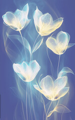 Abstract Floral Illustration, Translucent Flowers with Glowing Centers on Blue Background