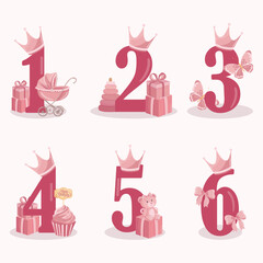 Pink decorated numbers for girl birthday party One year two years