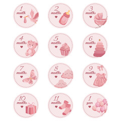 Baby milestone cards Pink round month cards with baby elements It's a girl