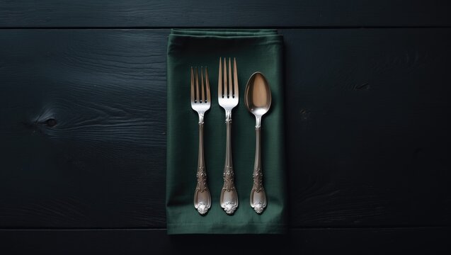 Modern table setting with cutlery and napkin, top-down view with space for your message
