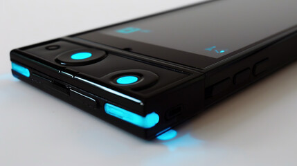 Sleek black media player with glowing blue buttons on minimalist white surface, featuring play and pause symbols. Modern digital entertainment and technology concept.