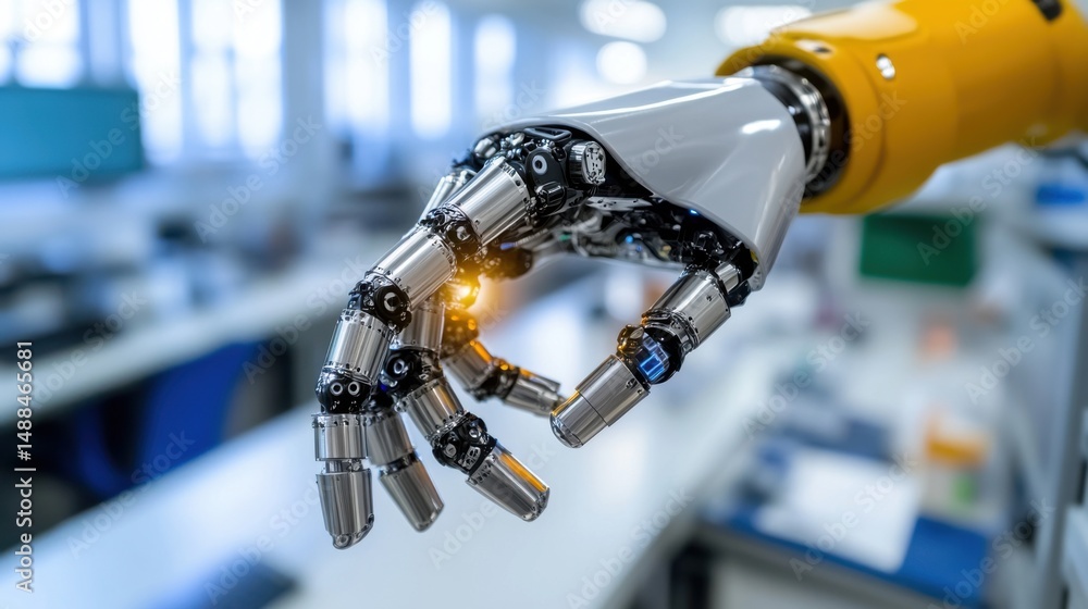 Aufkleber a robotic hand, featuring advanced mechanics and sensors, is displayed prominently in a high-tech la