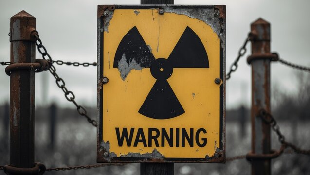 Antique nuclear hazard sign near a fence - Powered by Adobe