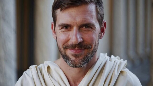Homme souriant en toge romaine devant des colonnes antiques

