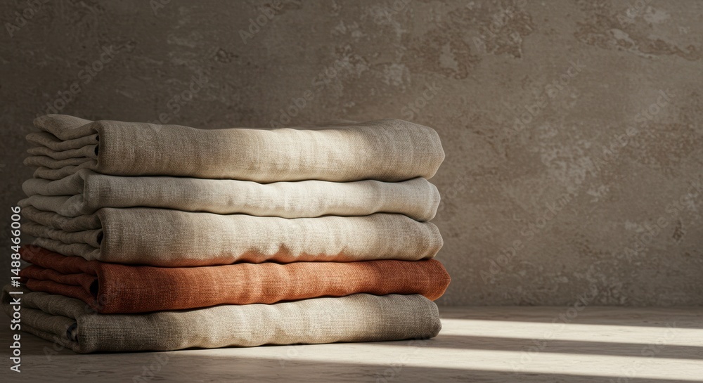 Poster stack of folded towels with one orange towel against a textured background.