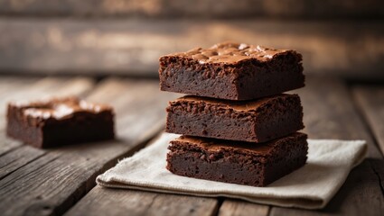 A pile of chocolate brownies on a wooden surface, homemade treat