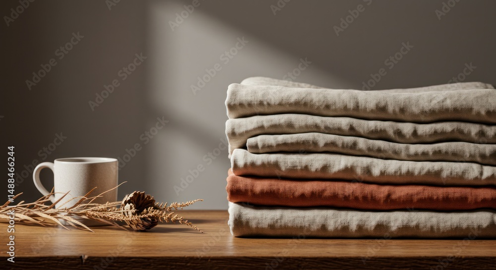 Poster stack of folded fabrics with a mug and wheat on a wooden surface.
