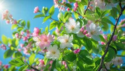 Macro shot of delicate tree blossoms surrounded by green leaves in natural sunlight.