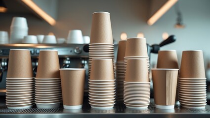 A pile of fresh take away coffee cups on an espresso machine in a minimalist cafe or restaurant with room for text