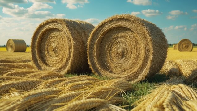 Round hay bales in a rural field. Stacked hay bales in the countryside with a blue sky backdrop. Rural scenery featuring golden wheat harvest. Yellow haystacks across the agricultural landscape.