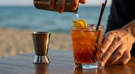 Bartender crafting cocktail near ocean