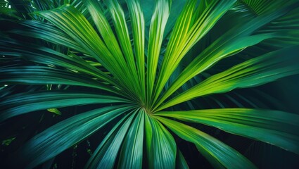 Fototapeta premium Background featuring palm leaves. Texture details of palm foliage. Patterns found in palm leaves. Bright natural backdrop. Template for wallpaper design. Leaf close-up view. Macro shot of plant