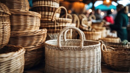 Market sale of wicker baskets in different sizes.