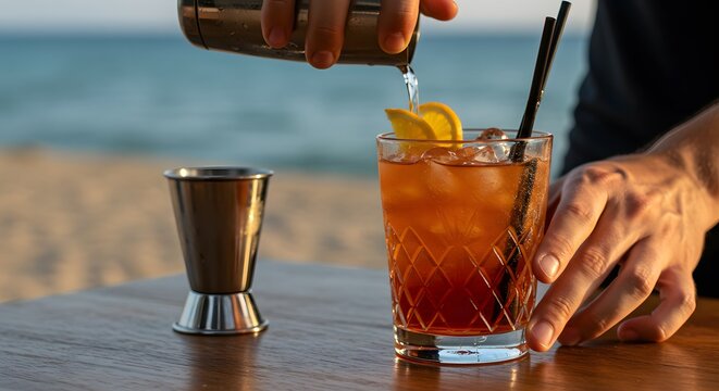 Bartender crafting cocktail near ocean