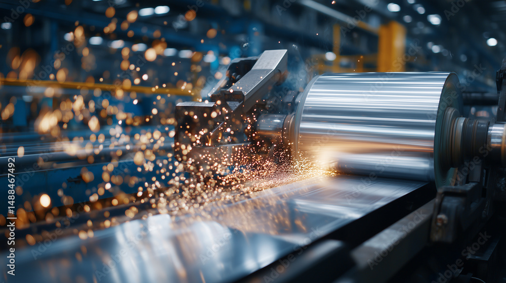 Poster close-up of a gleaming steel sheet being precisely fed through a heavy-duty roller machine, with spa