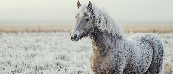 Bashkir Curly horse with curly winter coat in frosty field