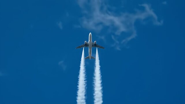 Airplane flying upward with contrail behind.