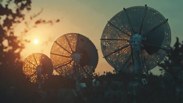 Sunset Satellite Dish Serenity: Silhouetted against the radiant sun, a trio of satellite dishes stands as silent sentinels. Capturing a serene blend of nature and technology.
