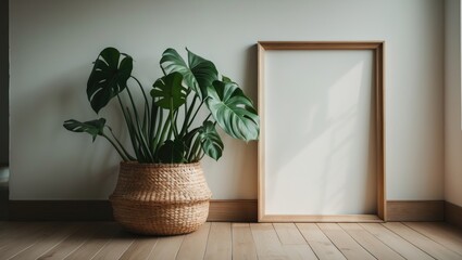 Fototapeta premium Attractive philodendron plants with a bare frame photo in a living area