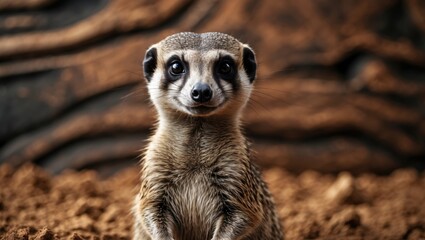 Fototapeta premium The meerkat perches on wood shavings. Close-up portrait of a meerkat