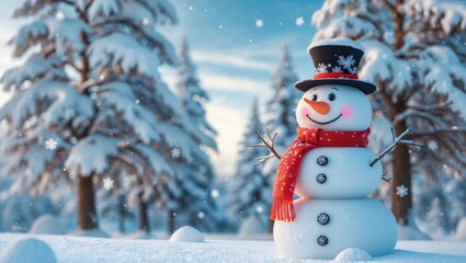 Scene featuring snow-laden trees alongside a cartoon snowman.