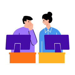 Fototapeta premium Two employees whispering in office, flat style illustration