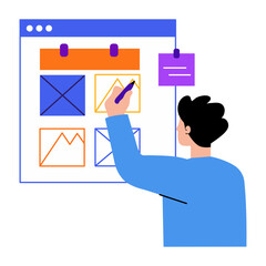A flat style illustration showing a wireframing character