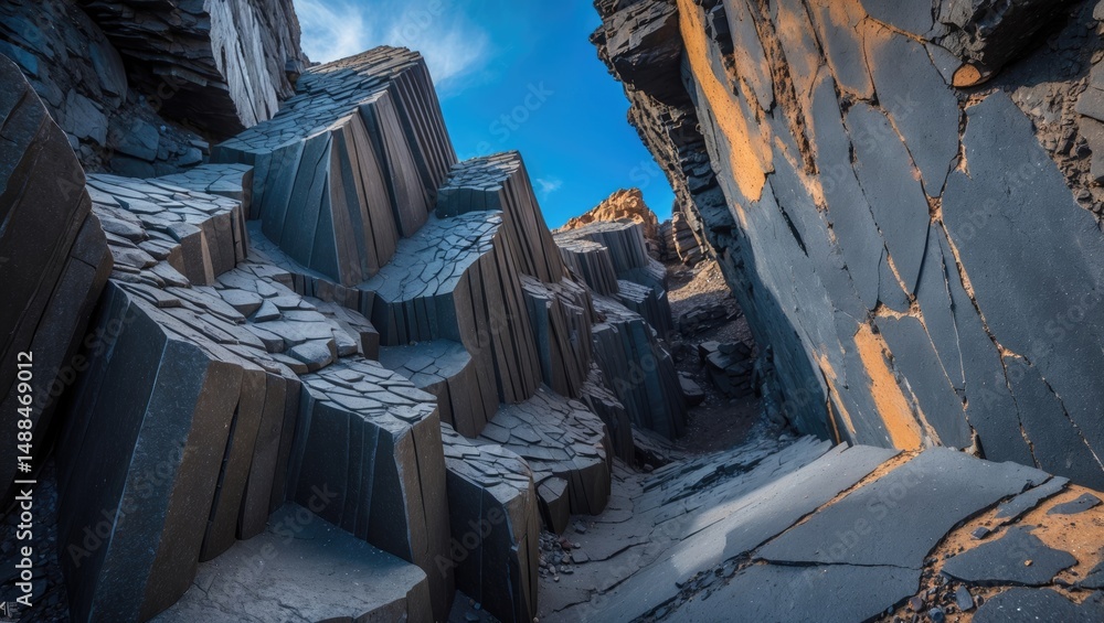Poster scenic view of volcanic basalt structures with unique geometric patterns and natural mineral formati