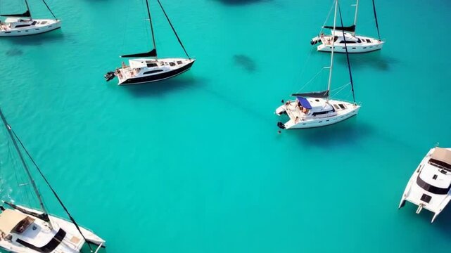 Aerial view of the tourist catamarans and boats waiting for the hotel's vacationers for an exciting walk through the turquoise waters of the Caribbean Sea.Romance, relaxation and adventure in nature