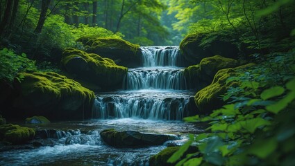 Naklejka premium A tranquil waterfall descends over mossy stones in a thick forest, enveloped by lush green vegetation. The flowing water establishes a calming atmosphere that showcases the woodland's natural