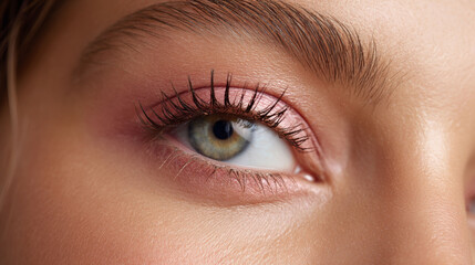 Obraz premium Closeup of woman eye with soft pink eyeshadow and long eyelashes showing natural skin texture