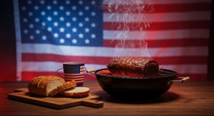Festive american grilling: celebratory barbeque with patriotic background