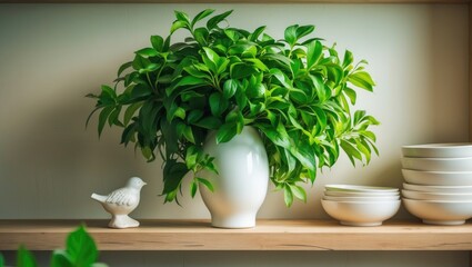 Fototapeta premium A lively plant occupies a white vase on a shelf.