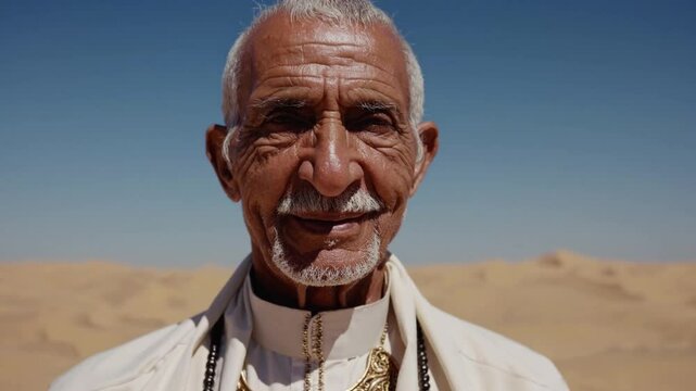 Homme &acirc;g&eacute; souriant en tenue traditionnelle dans le d&eacute;sert

