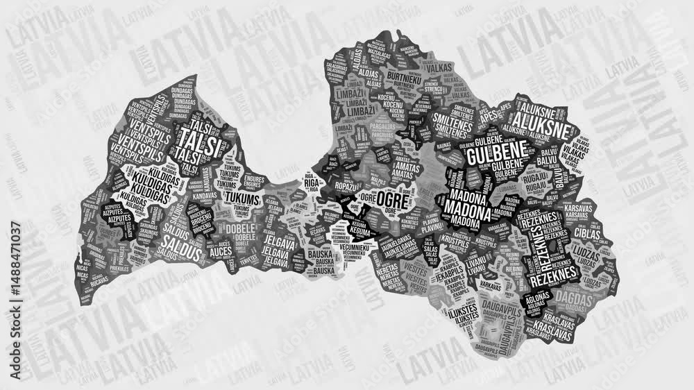 Aufkleber latvia animation. visual effect of latvia regions appearing in black and white word clouds style. co