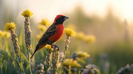 Fototapeta premium A vibrantly colored bird with a red and black head, a black stripe down its back, and orange wings perches on a stalk of yellow wildflowers against a softly blurred background