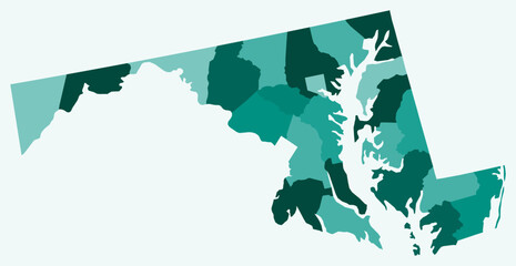 Map of Maryland with counties. Just a simple state border map with county division. Teal color palette. Blank State of Maryland shape with administrative division. Vector illustration. © Eugene Ga