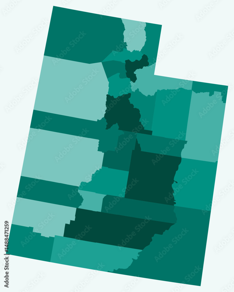 Poster map of utah with counties. just a simple state border map with county division. teal color palette. 